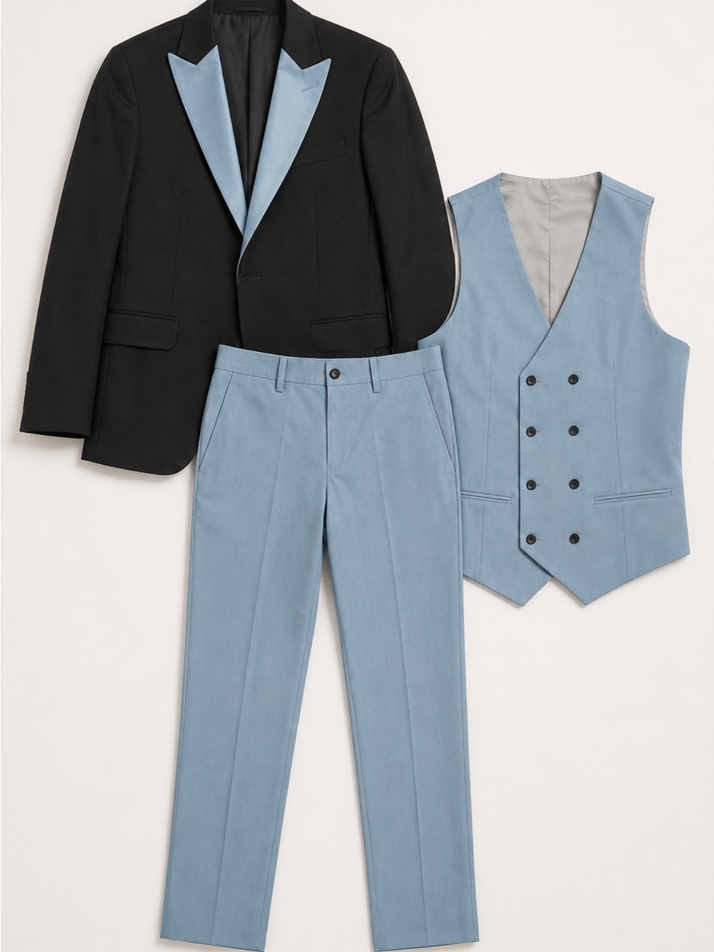 Black Jacket with Light Blue Satin-Lapel Three-Piece Suit